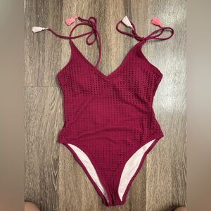Xhilaration Burgundy Crochet One-Piece Swimsuit with Tassel Ties